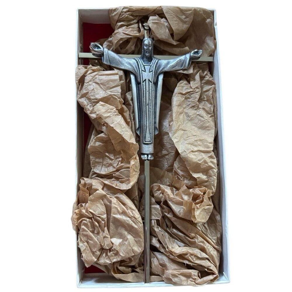 Risen Christ Silver Tone Crucifix Vintage 1960’s 10” Religious Metal Wall Art